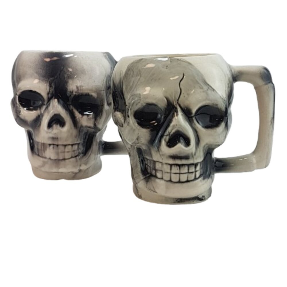 Set of 2 Vintage Skull Mugs Teacups 3 Dimensional Skeleton Gothic Party Decor